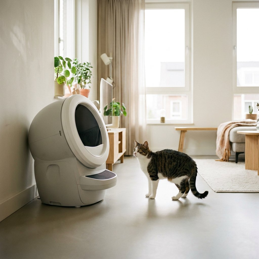 Voorzichtige huiskat blijft op afstand van een automatische kattenbak in een lichte moderne woonkamer, met alert houding en rustige huiselijke sfeer.