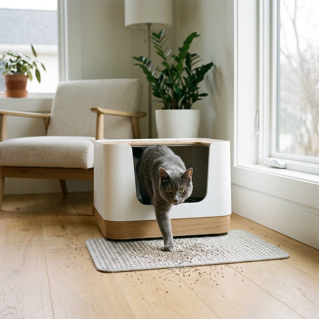 Een grijze kat stapt uit een kattenbak op een opvangmat in een lichte moderne woonhoek, met slechts enkele korrels grit zichtbaar op de vloer.
