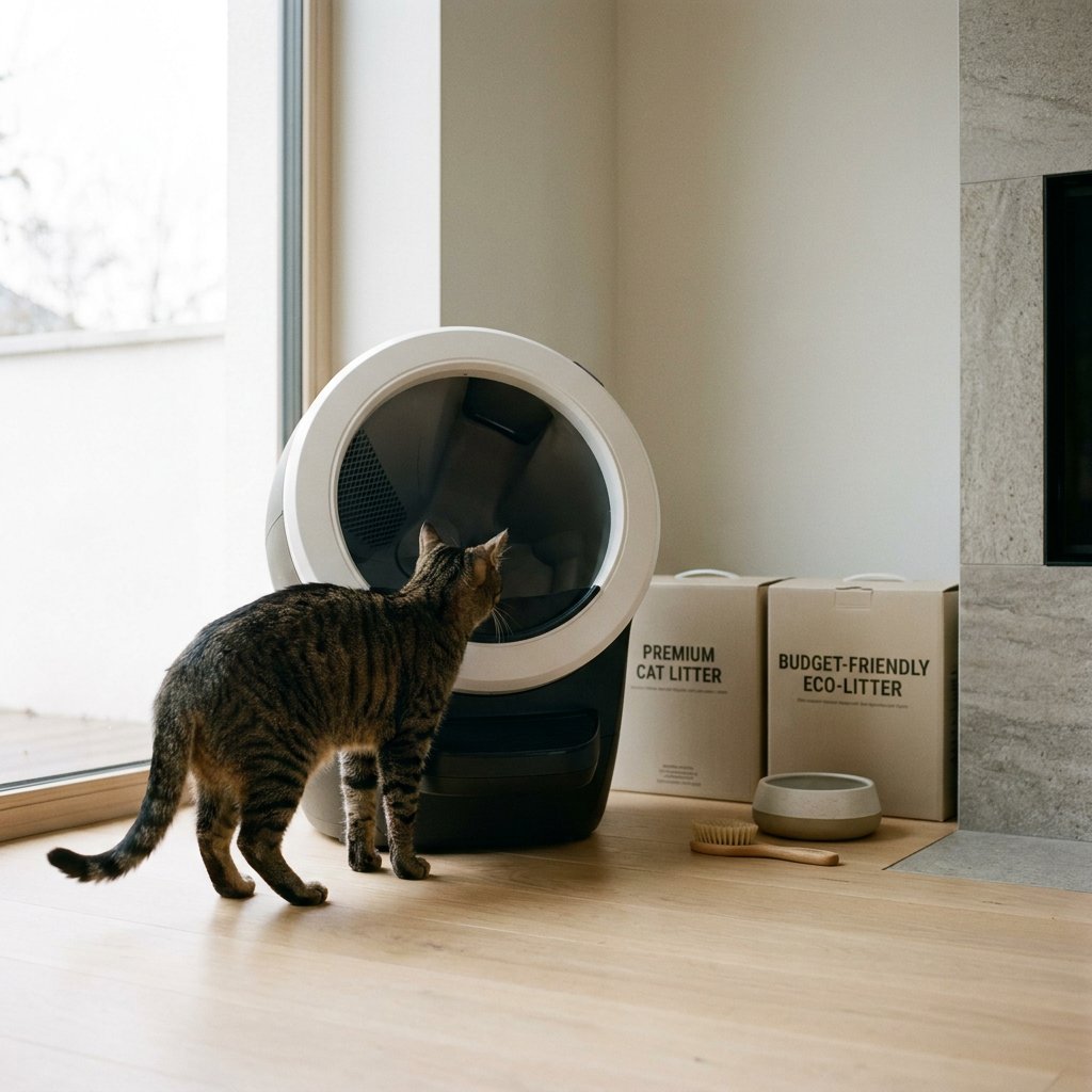 Moderne automatische kattenbak in een licht Nederlands interieur, met kat ernaast en prijskaartjes op doosjes als subtiele verwijzing naar kosten.