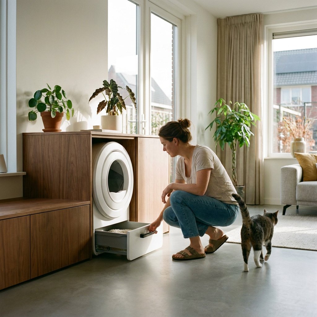 Kat stapt rustig uit een automatische kattenbak in een lichte moderne woonkamer, terwijl een eigenaar de opvanglade controleert bij zacht daglicht.